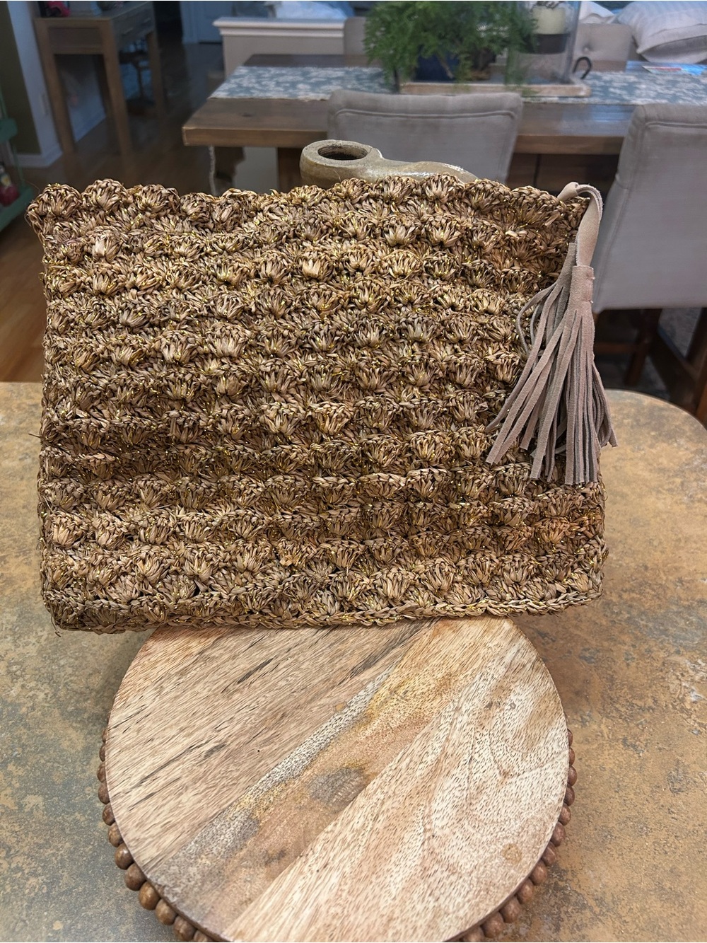 Flora Bella Compostela Raffia Crochet Metallic Clutch with Tassel